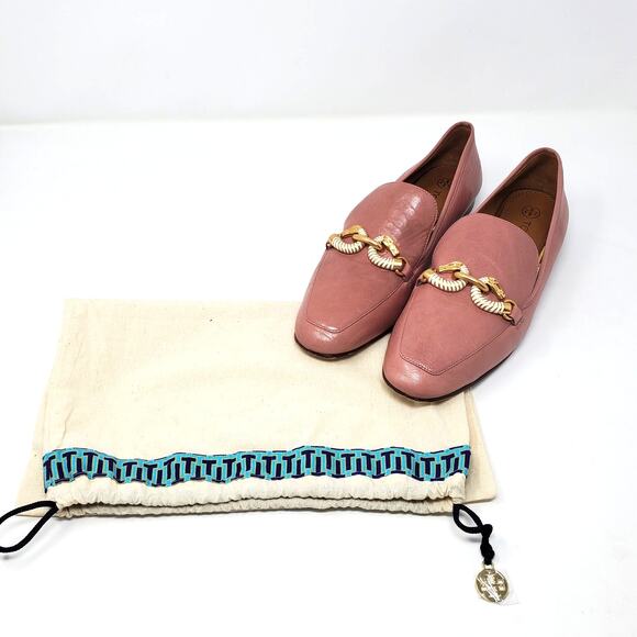 Tory Burch Jessa Loafers Slip On Square Toe Leather Rosy Pink Gold Size 8.5M - Picture 2 of 11